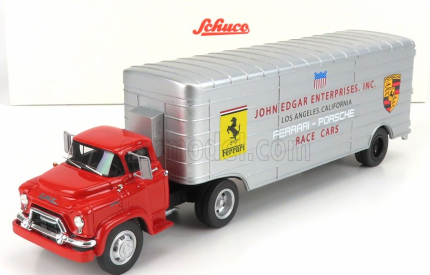 Schuco GMC Truck Car Transporter Team John Edgard Enterprises Inc. Los Angeles California Ferrari - Porsche Race Cars 1950 1:43 Červená Stříbrná