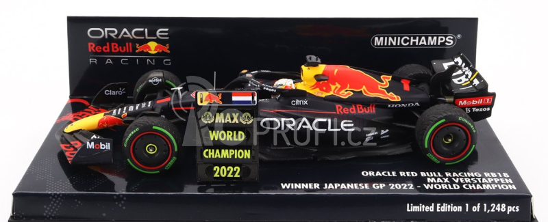 Minichamps Red bull F1 Rb18 Team Oracle Red Bull Racing N 1 World Champion Winner Japan Gp With Pit Board 2022 Max Verstappen 1:43 Matná Modrá Žlutá Červená