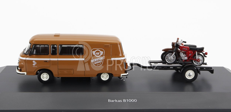 Schuco Barkas B1000 Van Werkstatt Service 1965 With Trailer + 2x Motorcycle 1:43 Světle Hnědá