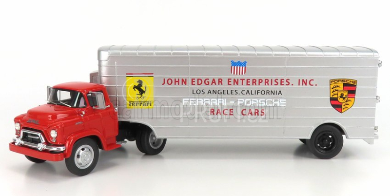 Schuco GMC Truck Car Transporter Team John Edgard Enterprises Inc. Los Angeles California Ferrari - Porsche Race Cars 1950 1:43 Červená Stříbrná