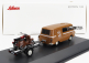 Schuco Barkas B1000 Van Werkstatt Service 1965 With Trailer + 2x Motorcycle 1:43 Světle Hnědá