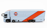 Tarmac Mitsubishi Fuso Truck Car Transporter Gulf Racing Livery 4-assi 2023 - Cars Not Included 1:64 Světle Modrá Oranžová