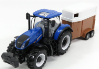 Bburago New holland T7000 Tractor With Horse Trailer - Trasporto Cavalli 1:32 Modrá Hnědá Bílá