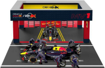 Bburago Red bull F1  Rb19 Diorama Garage Pit-stop Team Oracle Red Bull Racing N 1 World Champion Season 2023 Max Verstappen With Crew Figure And Accessories 1:43 Modrá Žlutá Červená