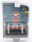 Greenlight Accessories Gulf Oil Garage Set Officina - Ponte Sollevatore Auto - Four Post Lift 1:64 Světle Modrá Oranžová