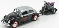Motor-max Volkswagen Beetle Maggiolino + Trailer With Motorcycle 1959 1:24 Černá Stříbrná