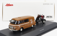 Schuco Barkas B1000 Van Werkstatt Service 1965 With Trailer + 2x Motorcycle 1:43 Světle Hnědá