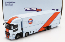 Tarmac Mitsubishi Fuso Truck Car Transporter Gulf Racing Livery 4-assi 2023 - Cars Not Included 1:64 Světle Modrá Oranžová