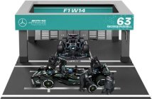 Bburago Mercedes gp F1  W14 Eq Performance Diorama Garage Pit-stop Team Amg Petronas Motorsport N 63 Season 2023 George Russell With Crew Figure And Accessories 1:43 Černá Stříbrná Zelená