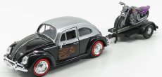 Motor-max Volkswagen Beetle Maggiolino + Trailer With Motorcycle 1959 1:24 Černá Stříbrná
