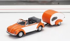 Schuco Volkswagen Beetle Cabriolet With Caravan Trailer 1960 1:87 Oranžová Bílá