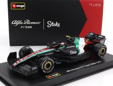 Bburago Alfa romeo F1  C43 Team Stake N 24 Monza Italy Gp 2023 Guanyu Zhou - With Pilot And Showcase 1:43 Černá Červená Bílá Zelená