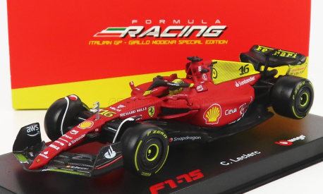 Bburago Ferrari F1-75 Scuderia Ferrari N 16 2nd Monza Gp Italy (pole Position) 2022 Charles Leclerc - With Helmet And Plastic Showcase - Exclusive Carmodel 1:43 Červená Žlutá