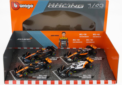 Bburago Mclaren F1  Set 4x - Team Mclaren Mcl36 N 4 Abu Dhabi Gp 2022 - Mcl60 N 4 Singapore Gp - Monaco Gp - British Gp 2023 Lando Norris 1:43 Oranžová Černá Bílá