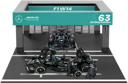 Bburago Mercedes gp F1  W14 Eq Performance Diorama Garage Pit-stop Team Amg Petronas Motorsport N 63 Season 2023 George Russell With Crew Figure And Accessories 1:43 Černá Stříbrná Zelená