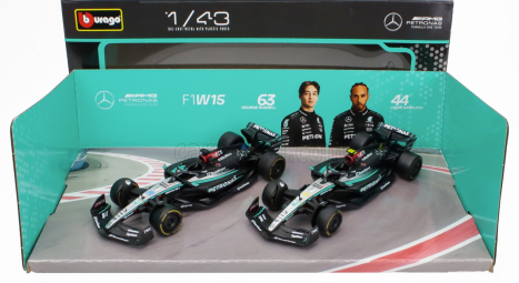 Bburago Mercedes gp Set F1  2x W15 Eq Performance Team Amg Petronas Motorsport N 44 Season 2024 Lewis Hamilton + N 63 Season 2024 George Russell 1:43 Černá Stříbrná Zelená