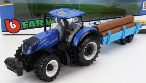 Bburago New holland T7.315 Tractor With Logs Of Wood Trailer 2018 1:32 Blue