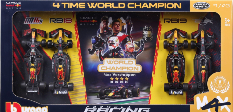 Bburago Red bull Set F1  4x - 4 Time World Champion - Rb16b N 33 Season 2021 - Rb18 N 1 Season 2022 - Rb19 N 1 Season 2023 - Rb20 N 1 Season 2024 Max Verstappen 1:43 Matná Modrá Žlutá Červená