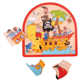 Bigjigs Toys Dřevěné vícevrstvé puzzle Pirátská loď