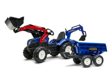 FALK - Šlapací traktor New Holland T8 s nakladačem, rypadlem a maxi vlečkou - červený