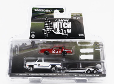 Greenlight Chevrolet C-30 Pick-up Custom Deluxe 1986 With Trailer + Monte Carlo Ss N 25 Racing 1986 1:64 Bílá Červená