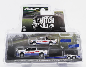 Greenlight Chevrolet Silverado 1500 Pick-up 2023 With Trailer + S-10 Pick-up Baja 1989 1:64 Bílá Červená Modrá