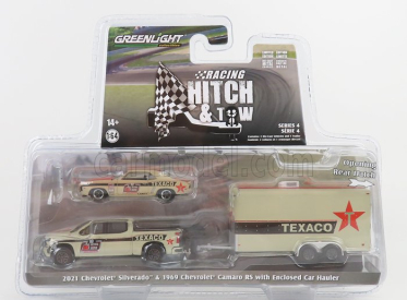 Greenlight Chevrolet Silverado Pick-up 2021 With Trailer + Camaro Rs Texaco Coupe 1969 1:64 Beige