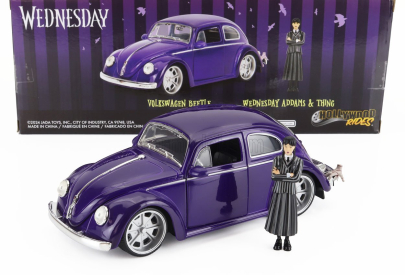 Jada Volkswagen Beetle Maggiolino Custom With Wednesday Addams & Thing Figure 1959 1:24 Modrá Černá