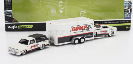 Maisto Chevrolet Blazer K5 1979 With Trailer Car Transporter + Camaro Z/28 Coupe Racing Comp Cams 1968 1:64 Bílá Černá