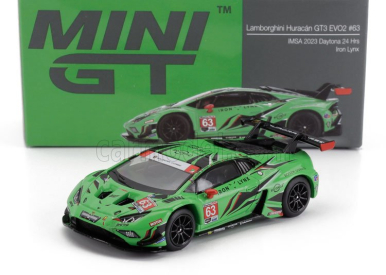 Mini-gt Lamborghini Huracan Gt3 Evo2 Team Iron Lynx N 63 Imsa 24h Daytona 2023 Mirko Bortolotti - Andrea Caldarelli - Roman Grosjean - Jordan Pepper 1:64 Zelená