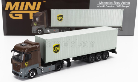 Mini-gt Mercedes benz Actros 2 Gigaspace 1851 Blue Efficient Power Truck Lhd Ups Container 40' 2016 1:64 Hnědá Šedá
