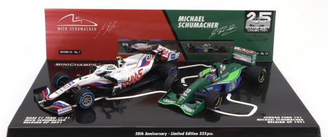 Minichamps Haas F1 Set 2x Vf-21 Ferrari 065/6 Team Uralkali N 47 Belgium Gp 2021 Mick Schumacher + Jordan 191 Ford N 32 First F1 Race Spa Belgium Gp 1991 Michael Schumacher - 30th Anniversary 1:43 Bílá Zelená