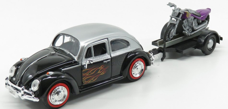 Motor-max Volkswagen Beetle Maggiolino + Trailer With Motorcycle 1959 1:24 Černá Stříbrná