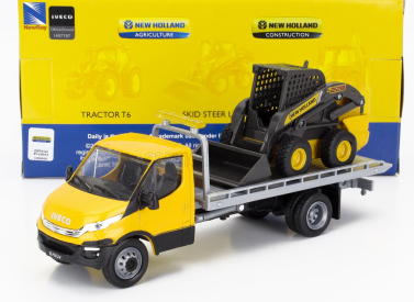 Newray Iveco fiat Daily Roll-off Pianale 2023 With New Holland L228 Ruspa Gommata - Skid Steer Scraper Tractor 1:36 Žlutá Černá
