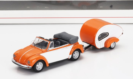 Schuco Volkswagen Beetle Cabriolet With Caravan Trailer 1960 1:87 Oranžová Bílá