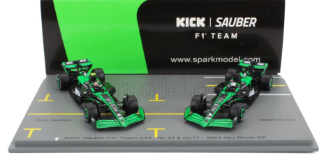 Spark-model Sauber Set F1  2x C44 Team Stake Kick N 77 Abu Dhabi Gp 2024 Valtteri Bottas + N 24 Abu Dhabi Gp 2024 Zhou Guanyu 1:64 Zelená Černá