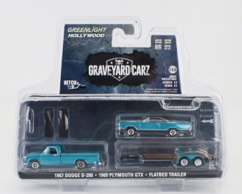 Greenlight Dodge D-200 Pick-up 1967 With Trailer + Gtx Coupe 1969 - Graveyard Carz 1:64 Blue Met