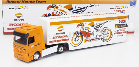 Newray Mercedes benz Actros 1857 Truck Team Honda Rc213v Repsol Bike Transporter N 93 World Champion Marc Marquez - N 26 Dani Pedrosa Season 2017 1:43 Oranžová Bílá