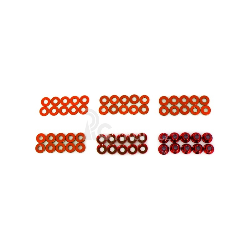 4mm sada podložek červené(6mm/8mm/10mm/12mm/14mm) plus M4 Matky v plastovém boxu