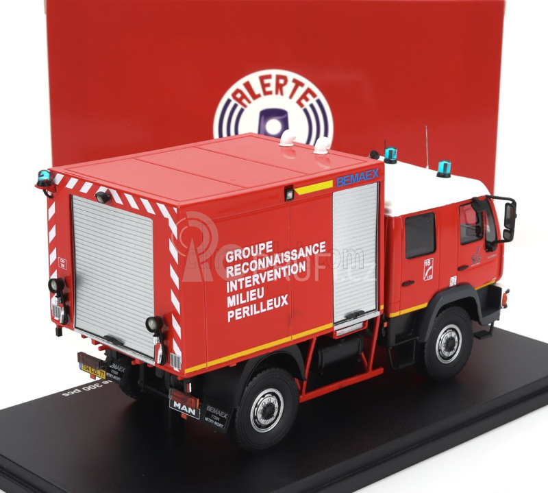 Alerte MAN Le 14.220 Truck Double Cabine Bemaex Grimp Sdis 77 Sapeurs Pompiers Groupe Reconnaissance Intervention Milieu Perilleux 2004 1:43 Červená Bílá Žlutá