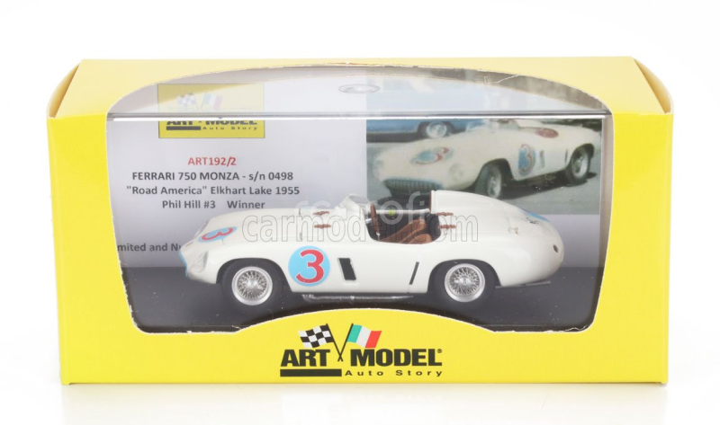 Art-model Ferrari 750 Monza Spider S/n.0498 N 3 Winner Road America Elkhart Lake 1955 Phil Hill 1:43 Bílá