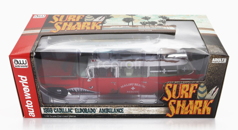 Autoworld Cadillac Eldorado Ambulance With Shark Graphics An Surfboards 1959 1:18 Červená Bílá