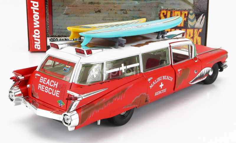 Autoworld Cadillac Eldorado Ambulance With Shark Graphics An Surfboards 1959 1:18 Červená Bílá