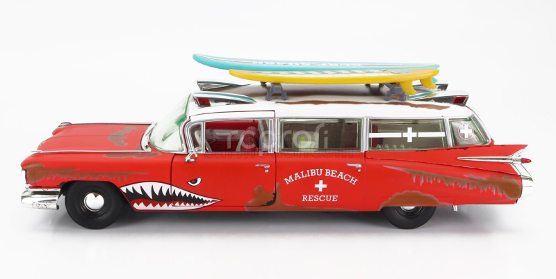 Autoworld Cadillac Eldorado Ambulance With Shark Graphics An Surfboards 1959 1:18 Červená Bílá