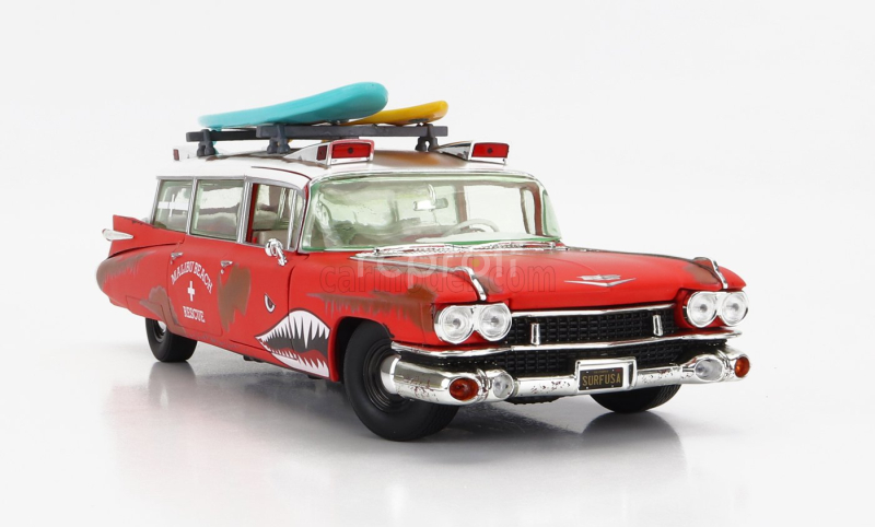 Autoworld Cadillac Eldorado Ambulance With Shark Graphics An Surfboards 1959 1:18 Červená Bílá