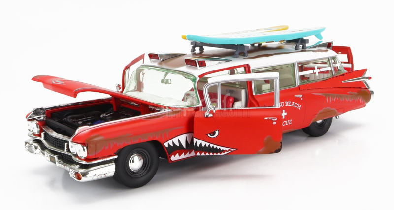 Autoworld Cadillac Eldorado Ambulance With Shark Graphics An Surfboards 1959 1:18 Červená Bílá
