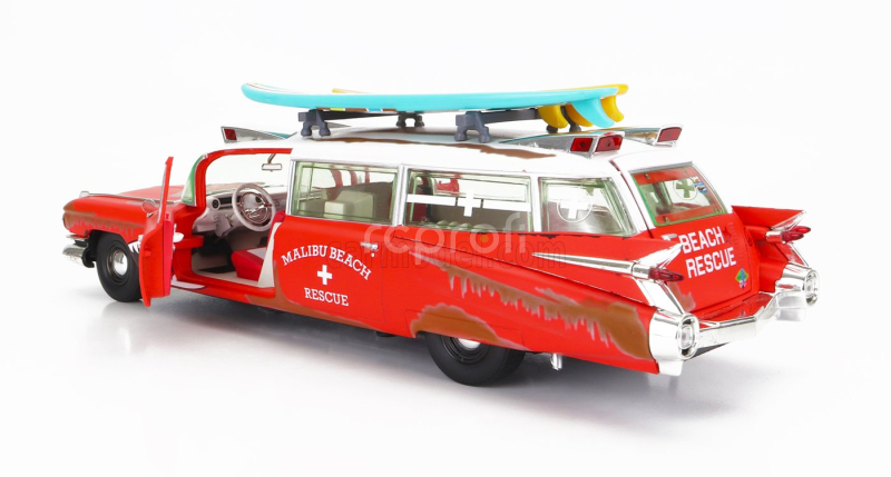 Autoworld Cadillac Eldorado Ambulance With Shark Graphics An Surfboards 1959 1:18 Červená Bílá