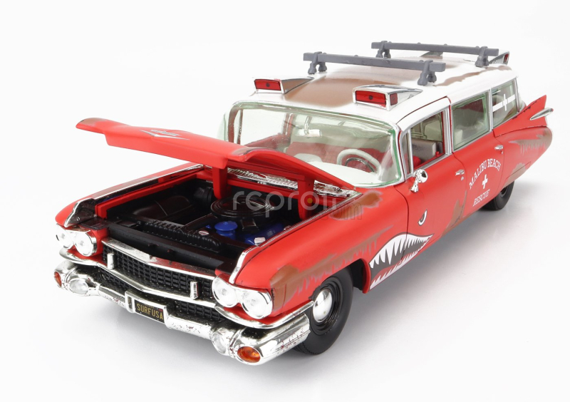 Autoworld Cadillac Eldorado Ambulance With Shark Graphics An Surfboards 1959 1:18 Červená Bílá