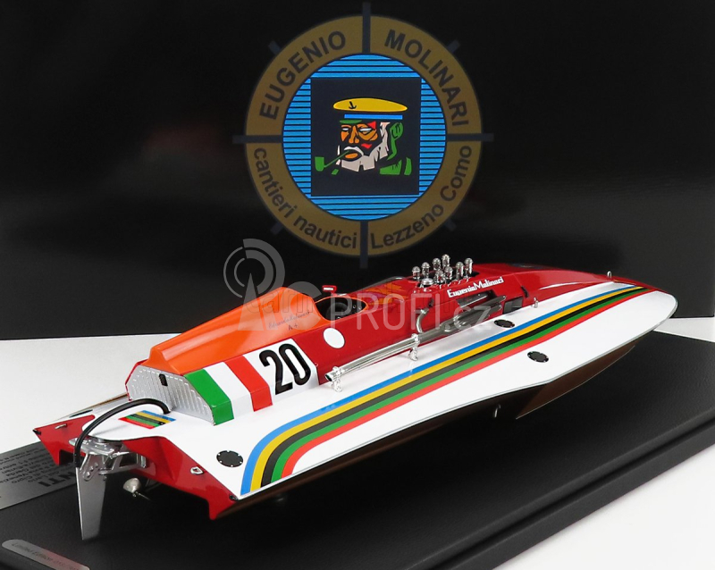 Bbr-models Molinari Offshore Motoscafo 4 Punti N 20 Edoardo Molinari Winner Giro Del Lario - Meeting Di Cipro - Raid Pavia-venezia - Giro Del Garda - Ginevra-evian - F1 Entrobordo World Champion 1980 1:18 Červená Bílá Oranžová