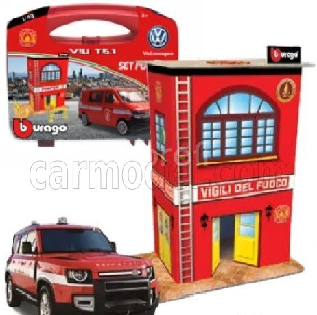 Bburago Accessories Diorama - Set Build Your City Fire Station - Caserma Vigili Del Fuoco - With Volkswagen T6 Minibus 1:43 Červená Bílá